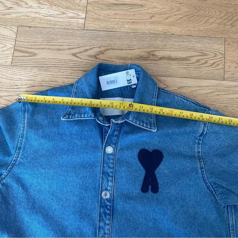 Ami Paris Coeur Denim Overshirt Button Down Shirt Oversized Heart Blue Jean M - Picture 12 of 15